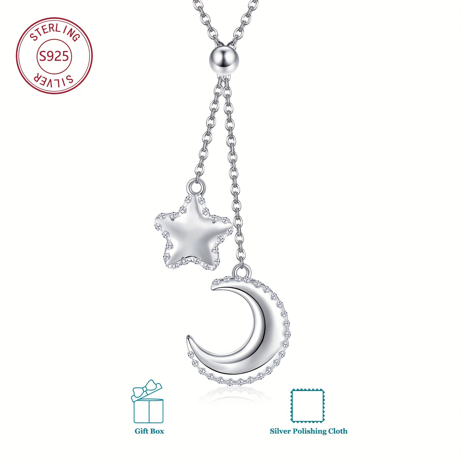 Women's Adjustable Sterling Silver Moon and Star Lariat Necklace